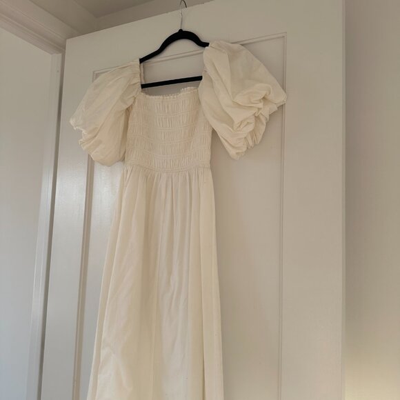 Reformation White Smocked Midi Puff Sleeve Dress Flowy Square Neck Bridal - Picture 7 of 8